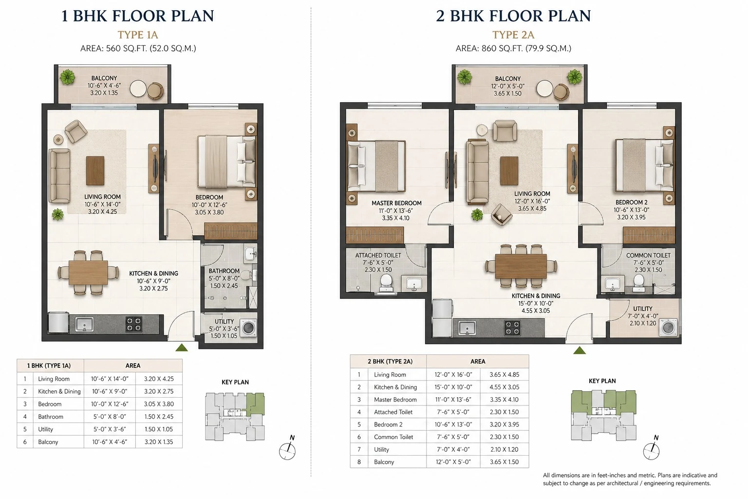 Illustrative one- and two-bedroom apartment plans